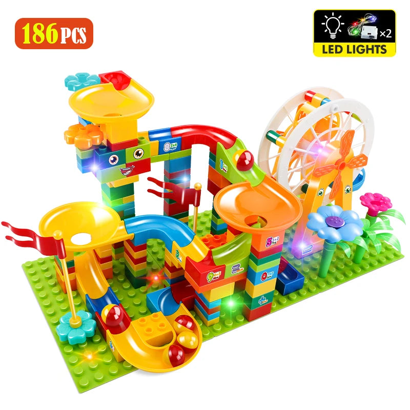 36-186PCS Big Size Marble Race Run Particle Scenes LED Light Slide Funnel Ferris Wheel Building Blocks City Brick Toy for Kids