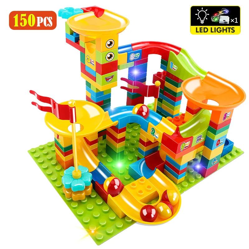 36-186PCS Big Size Marble Race Run Particle Scenes LED Light Slide Funnel Ferris Wheel Building Blocks City Brick Toy for Kids