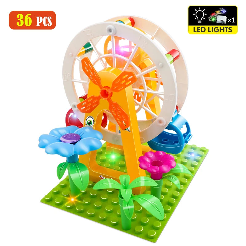 36-186PCS Big Size Marble Race Run Particle Scenes LED Light Slide Funnel Ferris Wheel Building Blocks City Brick Toy for Kids