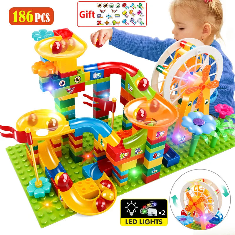 36-186PCS Big Size Marble Race Run Particle Scenes LED Light Slide Funnel Ferris Wheel Building Blocks City Brick Toy for Kids